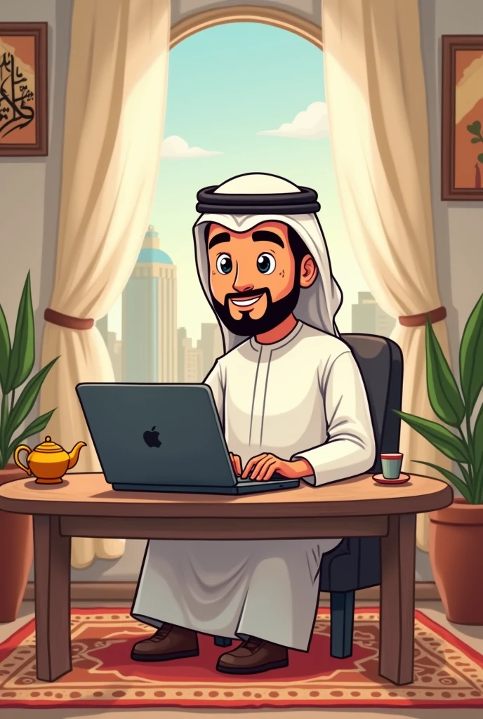Give me emerati man (cartoon type) standing with laptop
