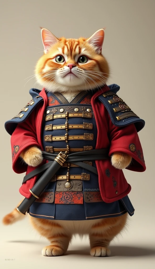 Photorealistic, 64K, A cute fat cat wearing a [samurai x costume], standing up,