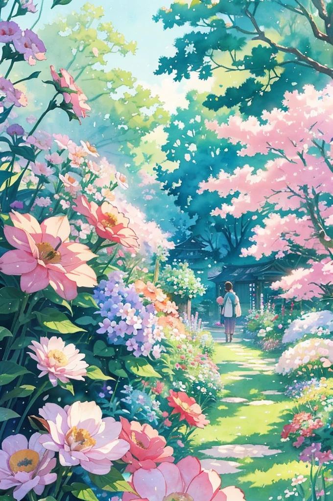 Studio ghibli inspired,Watercolor Floral, Garden Background, Watercolor, Blurry, Flower, Floral Phone Wallpaper
