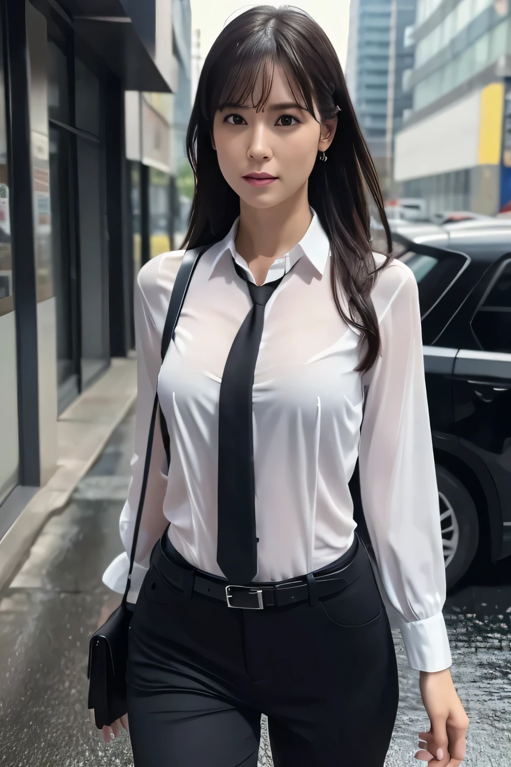 a woman in a suit, belt, hands behind back, sweating, suspenders, black jacket, black pants, sexy, large breasts, see-through clothing, rain, heavy rain, detective, office worker, white button-up shirt, (best quality,4k,8k,highres,masterpiece:1.2),ultra-detailed,(realistic,photorealistic,photo-realistic:1.37),hyper-detailed,highly detailed face and body, スレンダー 細い サスペンダー 大きい胸 透けたシャツ