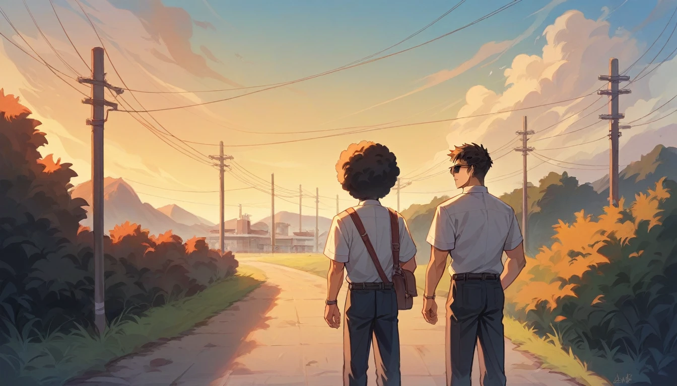 A man with an afro and sunglasses stands、school uniform、Raise one hand、Rural landscape、Scenery of Showa、Unmanned tram station、Sunset sky、The shadow of the woman looms over the man、Nostalgic atmosphere、Masterpiece、