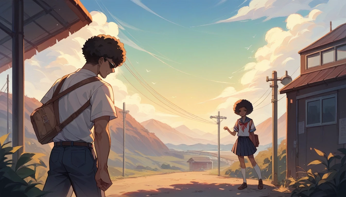 A man with an afro and sunglasses stands、school uniform、Raise one hand、Rural landscape、Scenery of Showa、Unmanned tram station、Sunset sky、The shadow of the woman looms over the man、Nostalgic atmosphere、Masterpiece、