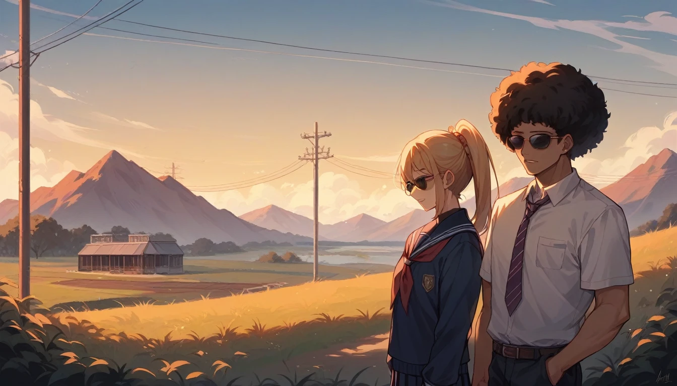 A man with an afro and sunglasses stands、school uniform、Raise one hand、Rural landscape、Scenery of Showa、Unmanned tram station、Sunset sky、The shadow of the woman looms over the man、Nostalgic atmosphere、Masterpiece、