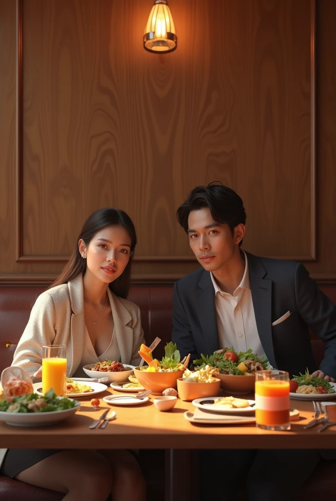 (photorealism:1.2), In a restaurant, two individuals, a woman and a man are seen sitting at a dining table looking at the camera in a restaurant, this restaurant has beautiful wooden walls. The dining table is full of food and juice drinks.