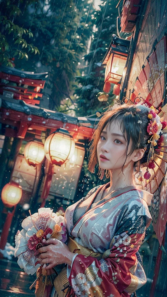 ((Low angle shooting:1.5)), (Photoreal:1.4, 8K, highest quality, masterpiece, ultra high resolution), ((heavy snow)), perfect dynamic composition:1.2, (In front of the shrine at night during the Taisho period, expression of sadness:0.9), (go up the stairs:0.9, View from directly below:0.9), Highly detailed skin and facial textures:1.2, Skinny prostitute in the rain:1.3, Fair skin:1.2, sexy beauty:1.1, perfect style:1.2, beautiful and aesthetic:1.1, very beautiful face:1.2, water droplets on the skin, (rain drips all over my body:1.2, wet body:1.2, wet hair:1.3), (Professional kimono dressing:1.1, Holding a wet bouquet:1.2, Wet Courtesan Costume:1.35), (Medium chest, Bra is sheer, Chest gap), (Big eyes that exude beautiful eroticism:0.8, Lips that exude beautiful eroticism:0.8, Too erotic:0.8, Bewitching:0.8), necklace, earrings, bracelet