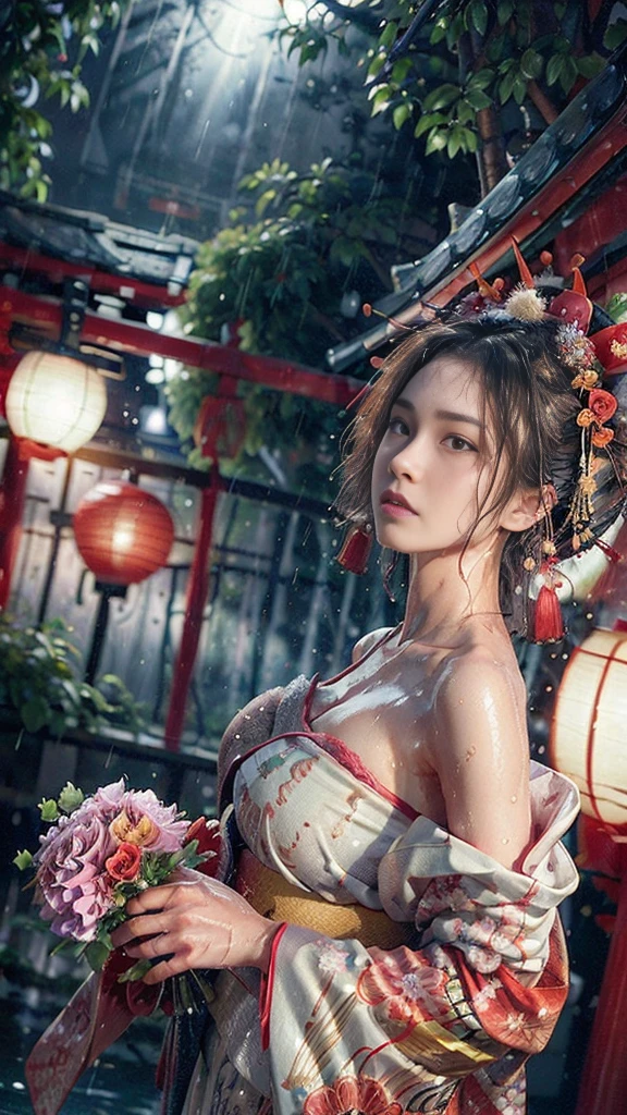 ((Low angle shooting:1.5)), (Photoreal:1.4, 8K, highest quality, masterpiece, ultra high resolution), ((heavy snow)), perfect dynamic composition:1.2, (In front of the shrine at night during the Taisho period, expression of sadness:0.9), (go up the stairs:0.9, View from directly below:0.9), Highly detailed skin and facial textures:1.2, Skinny prostitute in the rain:1.3, Fair skin:1.2, sexy beauty:1.1, perfect style:1.2, beautiful and aesthetic:1.1, very beautiful face:1.2, water droplets on the skin, (rain drips all over my body:1.2, wet body:1.2, wet hair:1.3), (Professional kimono dressing:1.1, Holding a wet bouquet:1.2, Wet Courtesan Costume:1.35), (Medium chest, Bra is sheer, Chest gap), (Big eyes that exude beautiful eroticism:0.8, Lips that exude beautiful eroticism:0.8, Too erotic:0.8, Bewitching:0.8), necklace, earrings, bracelet