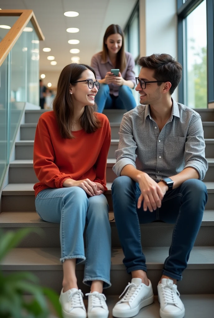 1 girl and 1 couple is sitting on the wide stairs in office area and talking, the girl is wearing a red top and jeans and specs and the boy is wearing a grey check shirt and jeans and both are wearing white shoes, but boy are not wearing specs but wearing smart watch, a friend of both of them is also sitting with them, she is using her phone. She is sitting on the stairs one below them, boy talking to red top girl