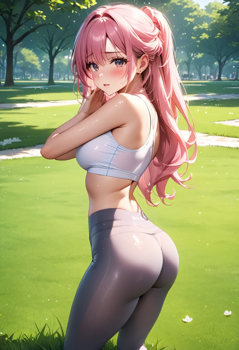 8k,Highly detailed CG unit wallpaper,masterpiece:1.2,Highest quality,Ultra-high resolution,RAW Photos,absurdres, 30 year old beautiful girl,mature female,Pink Hair,Long Hair,half updo,Cute like an idol,beautiful eyes,wet eyes,embarrassed,white croptop,dark grey leggins,grass,park,((((nsfw,Holding a yoga pose)))),focus on ass,