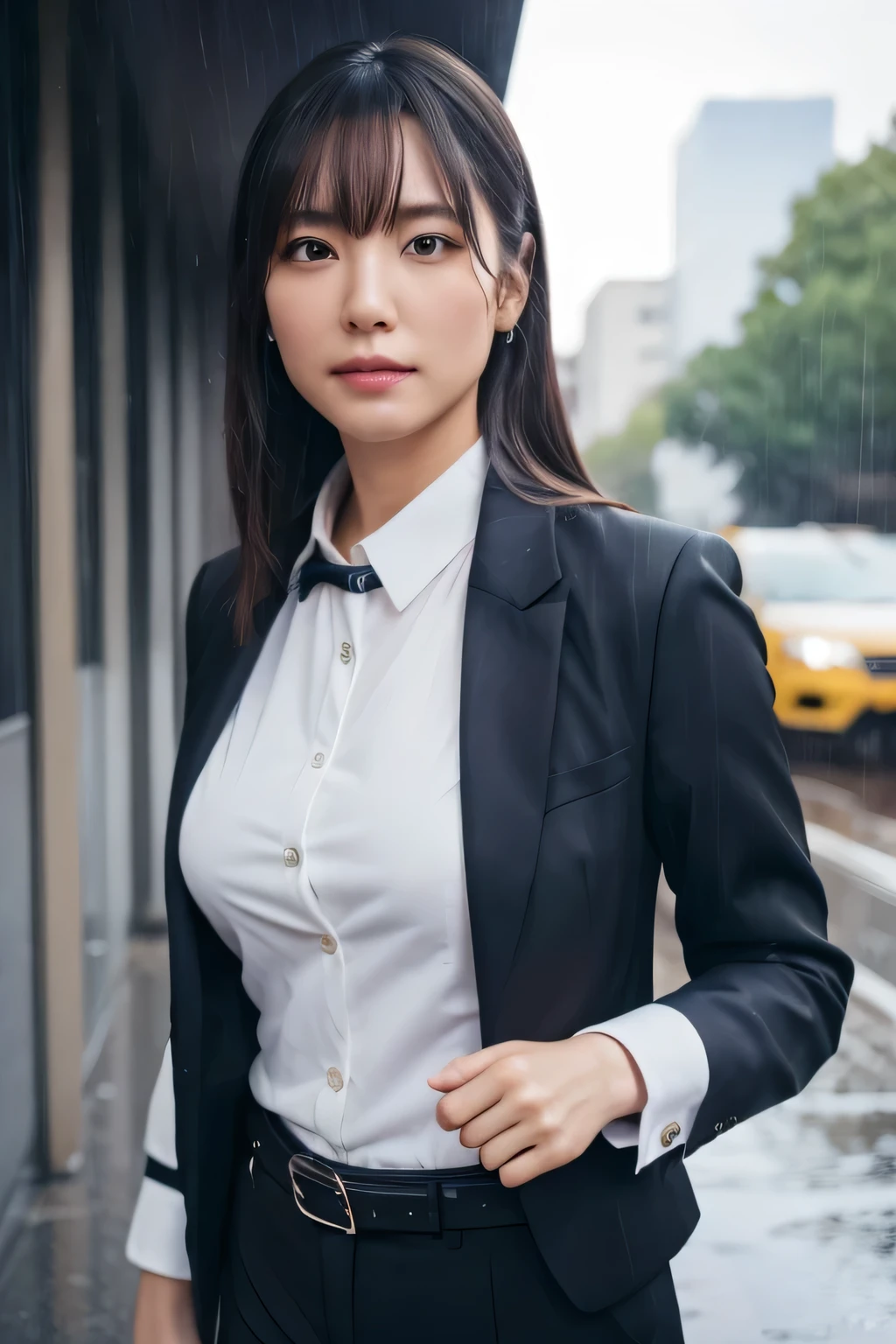 a woman in a suit, belt, hands behind back, sweating, suspenders, black jacket, black pants, sexy, large breasts, see-through clothing, rain, heavy rain, detective, office worker, white button-up shirt, (best quality,4k,8k,highres,masterpiece:1.2),ultra-detailed,(realistic,photorealistic,photo-realistic:1.37),hyper-detailed,highly detailed face and body, スレンダー 細い サスペンダー 大きい胸 透けたシャツ