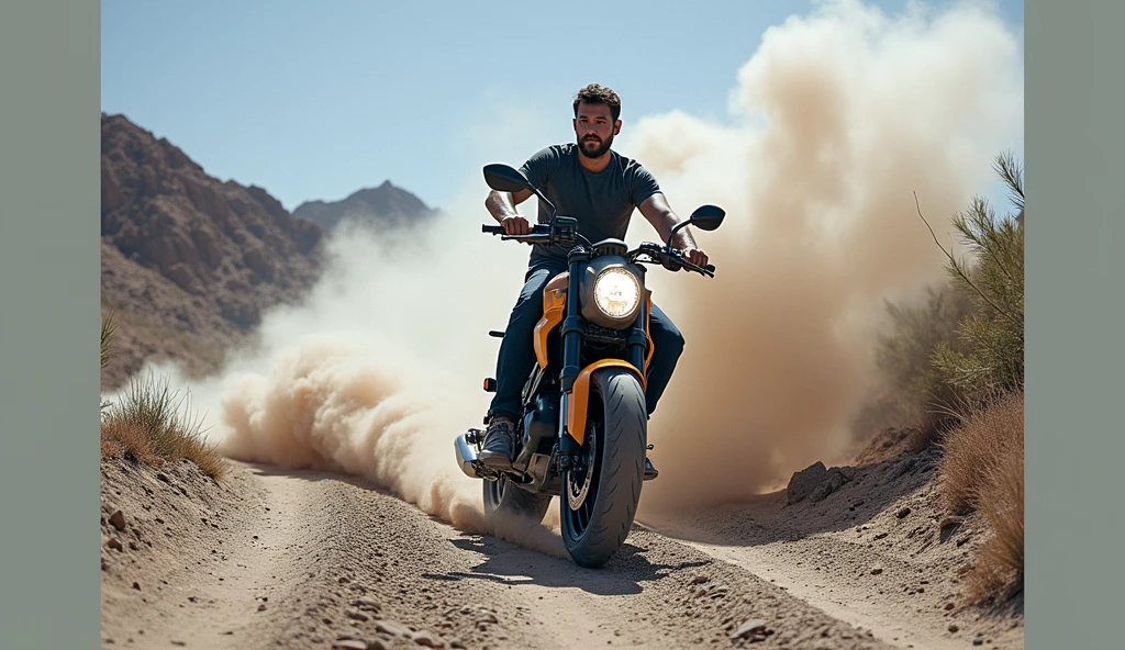 34-year-old man riding an electric motorcycle, Side view, Rear wheel blasts sand and dust, Kick up the dust,  Dusty atmosphere，full-body shot，Vision，Depth of field lens，Dynamic poses，8k Ultra Detail，high quality，Fresh colors，adventure