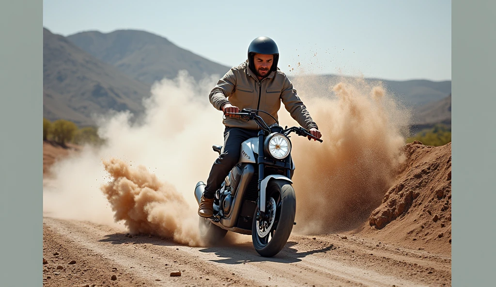 34-year-old man riding an electric motorcycle, Side view, Rear wheel blasts sand and dust, Kick up the dust, Dusty atmosphere,full-body shot,Vision,Depth of field lens,Dynamic poses,8k Ultra Detail,high quality,Fresh colors,adventure