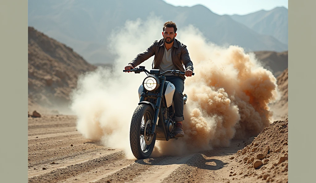 34-year-old man riding an electric motorcycle, Side view, Rear wheel blasts sand and dust, Kick up the dust, Dusty atmosphere,full-body shot,Vision,Depth of field lens,Dynamic poses,8k Ultra Detail,high quality,Fresh colors,adventure