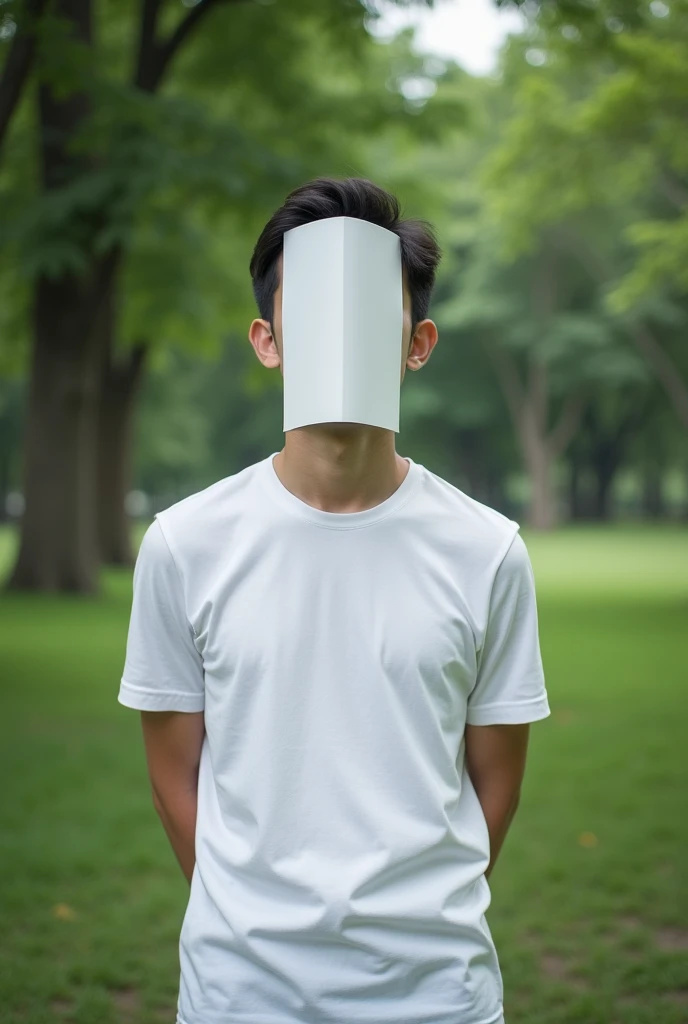 in park in white tee shirt covering his face