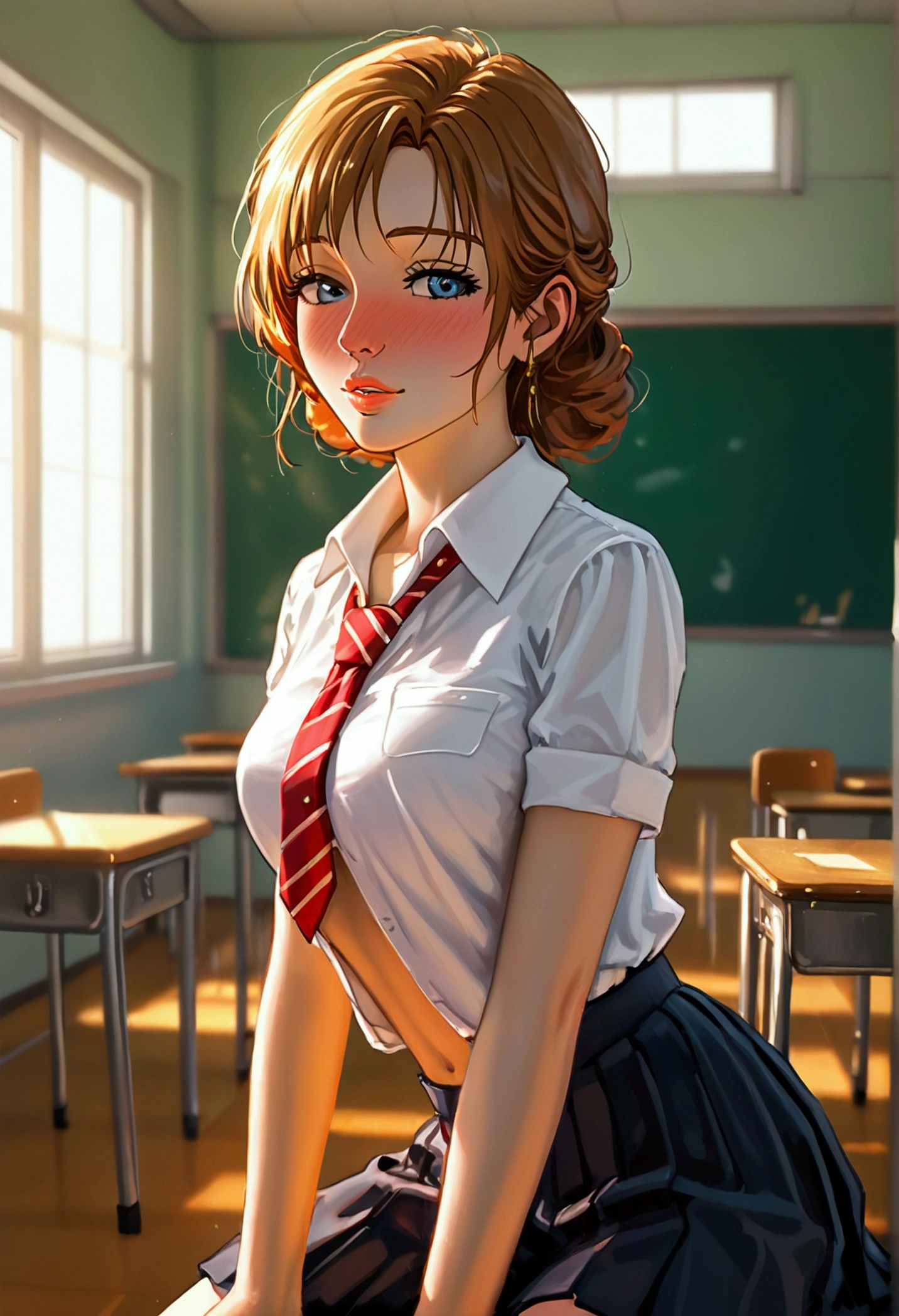((masterpiece)),((Best Quality)),absurdities,, 1 girl, 1 chico, cowgirl squat position, to throw, School uniform, Exposed panties, , (classroom:1.1), sunlight, , (half closed eyes:0.4), (Chapped lips:1.4), (nose blush:1.2), light smile, (highly strung),