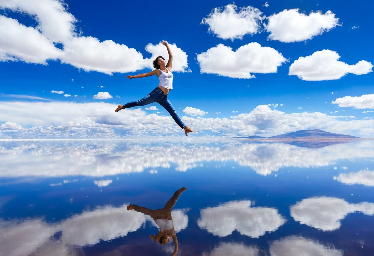 a large lake with many white clouds floating in the deep blue sky, 1 Japanese woman little jumping on liquid, (The woman's figure is clearly reflected in the water), At Salar de Uyuni, Amazing reflections of the sky, (Reflected clearly as a mirror), perfect reflection, (deep blue sky), clear sky, (many white cloud), Blue Horizon, looking at viewer, jeans, boyish, saddle brown short hair, t-shuts, barefoot, chubby:1.3, Incredible reflections, beautiful reflection, epic and stunning, (Faraway view:2), from below, masterpiece, high details, high quality, best quality, 8k