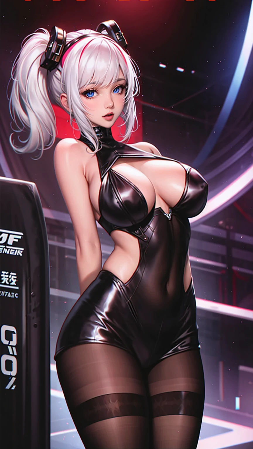 Cyberpunk edgerunners, 1 Girl, Lucy (Cyberpunk), 裸Off-shoulder膀, blue eyes, breast, Tights, Looking at the audience, medium breast, Off-shoulder夹克, Off-shoulder, Red Eyeliner, short hair, sleeveless turtleneck Tights, Solitary, turtleneck Tights, White hair, ((masterpiece)) (best quality, masterpiece)