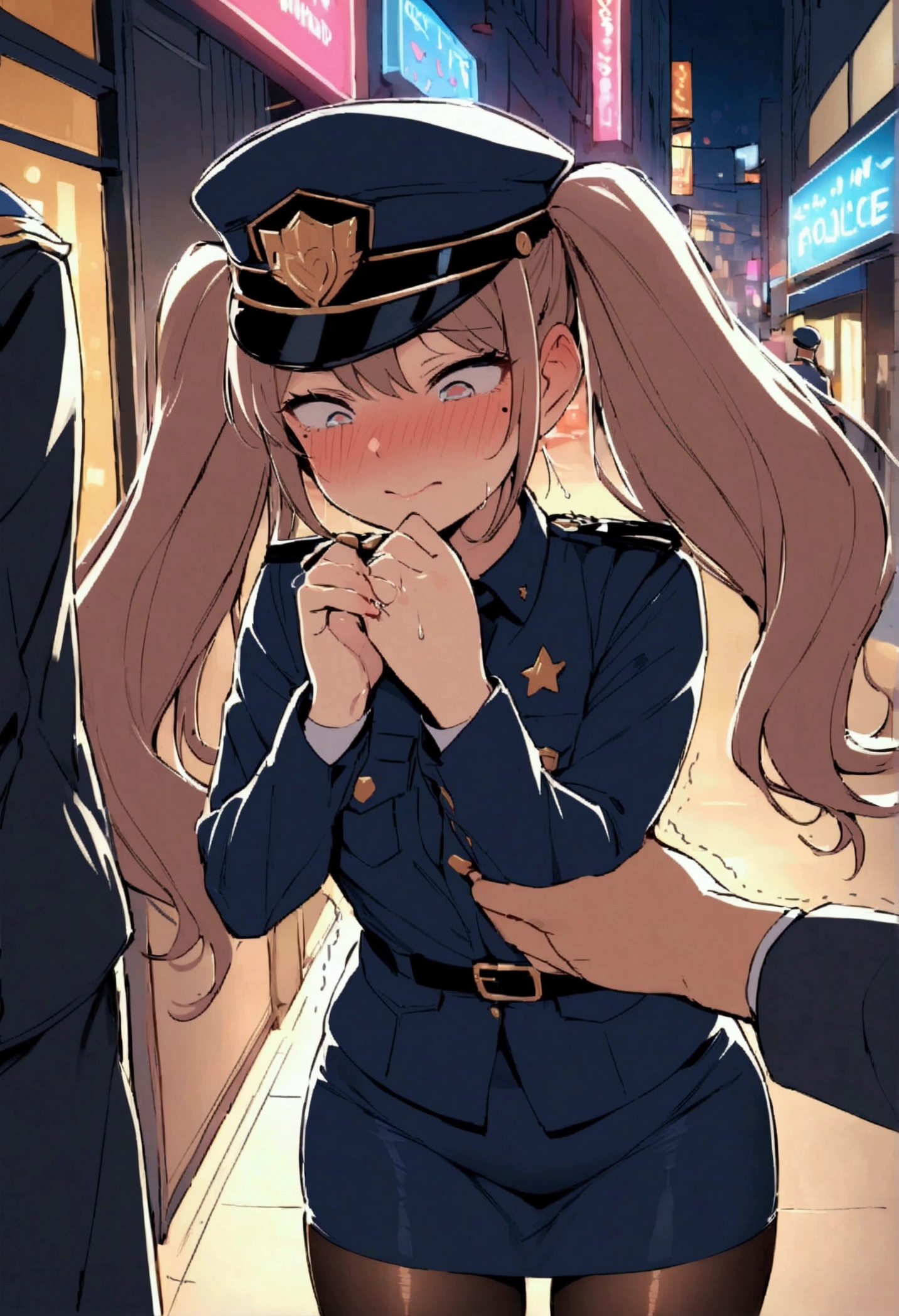 NSFW,masterpiece,Highest quality,High resolution,Very detailed,-facel,Young face,Round face,mole,long hair,Twin tails,Short height,Police Officer,hat,Pencil Skirt,pantyhose,Heel,Nightlife,In town,(Molester),Embarrassed,(Lustful face),I feel,(Love juice drips),Trembling,Hugging from behind