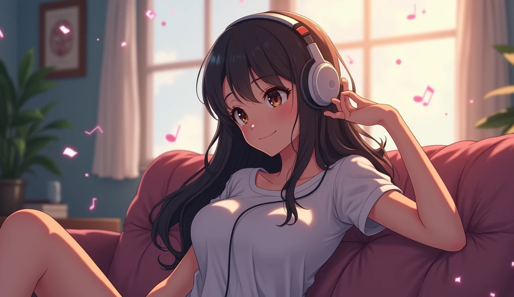 Perfect image, 8k, High school girl listening to music in a cozy room,Big Breasts、 Using headphones, 2D-style animation, Lo-Fi, Magical World、A big smile、Retro、Anime style illustrations、Mature atmosphere