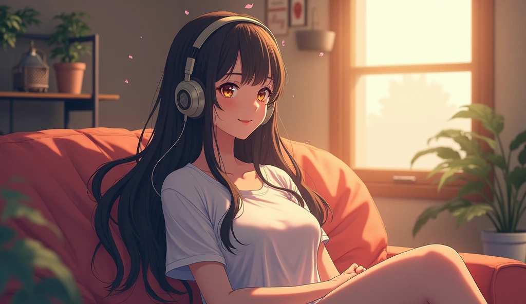 Perfect image, 8k, High school girl listening to music in a cozy room,Big Breasts、 Using headphones, 2D-style animation, Lo-Fi, Magical World、A big smile、Retro、Anime style illustrations、Mature atmosphere