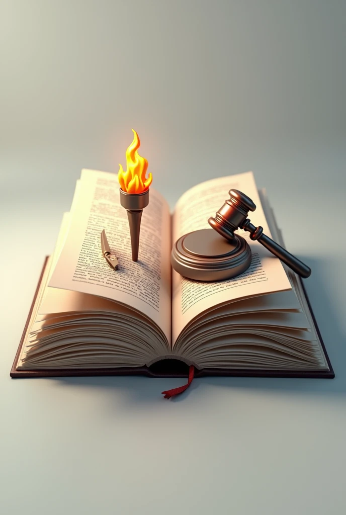 make a logo where an open page book has a drawing of torch and on the other page is gavel, quill and ink . in 3d complex design with a word house of legislature