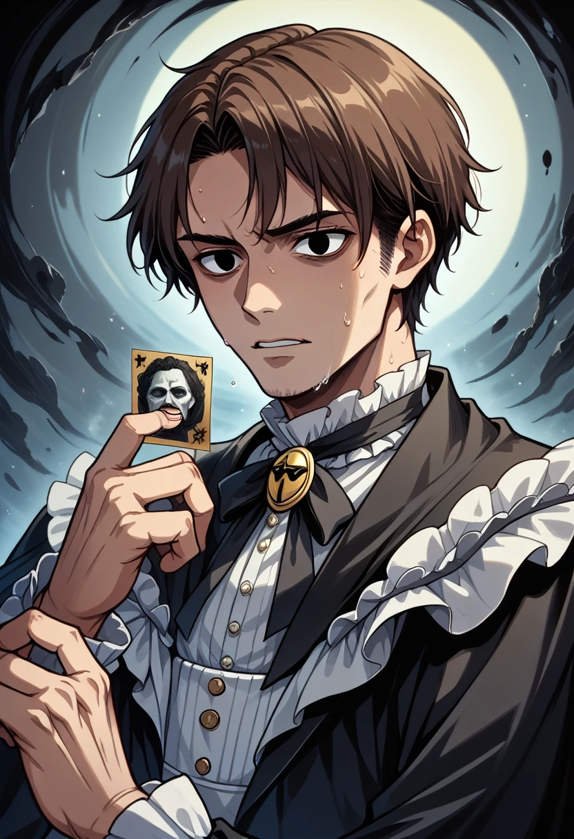 (absurd, high resolution, super detailed), 1 male, black eyes, brown hair, scholarly temperament, all black formal wear, Victorian clothing, black cape, (cold beauty: 1.2), cat-like temperament, adult, handsome, thin man, broad shoulders, fine eyes and detailed face, fool arot card, fool, clown, symbolism, visual arts, occult, universal, visual projection, philosophy, iconography, numerology, pop, art, alfonse mucha