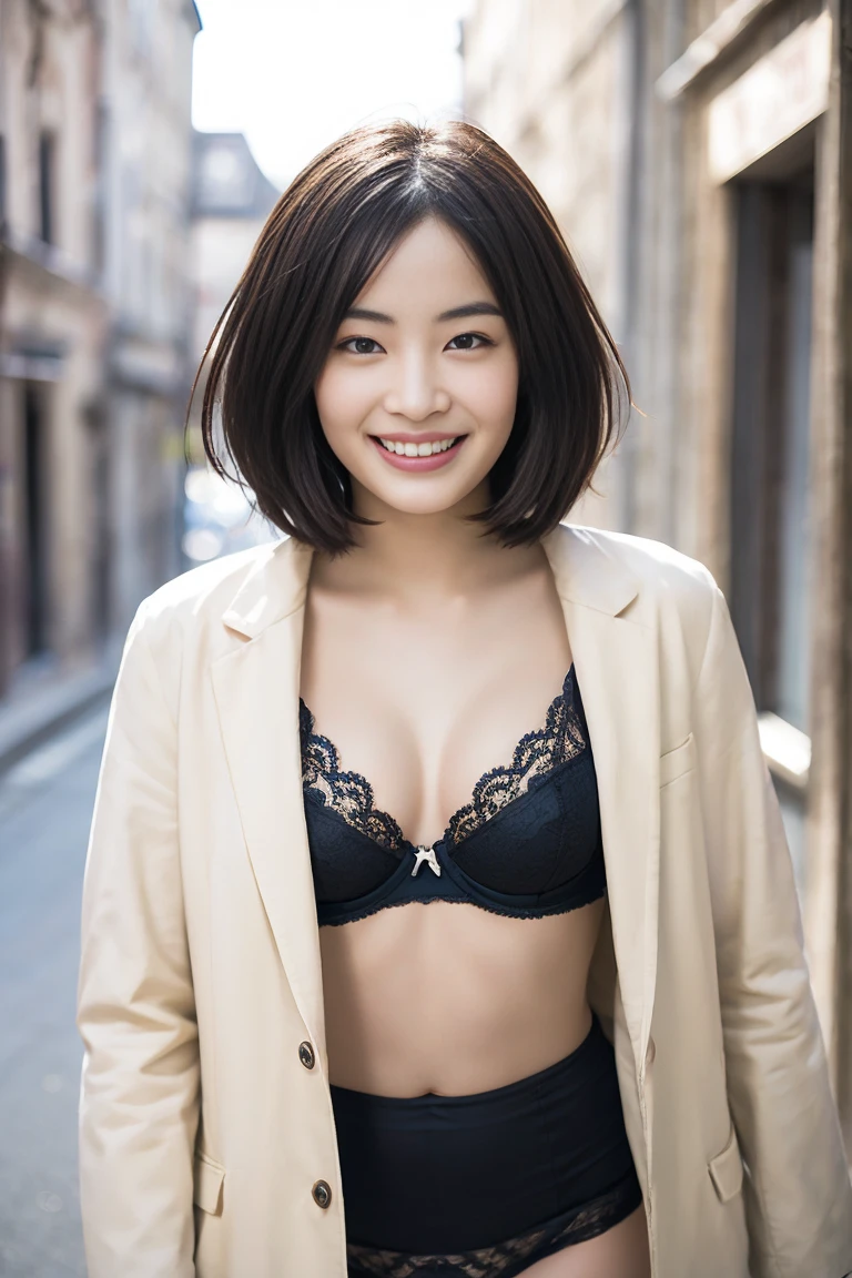 (Realistic、photo Realistic:1.3)、1 person、23 years old、(Bob Hair, Shortcuts, Brown Hair), (Change of clothes: 1.2),  panties, City of night、 (Browsing Caution:1.3), Beautiful Skin, blush, Grinning face、Very detailed、super high quality,Jacket and bra