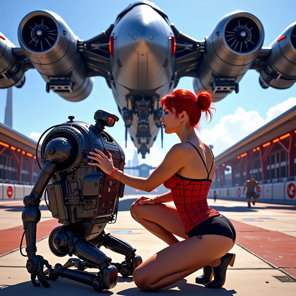 (((cyberpunk style with neon style mixed in))) seen taken from a low-angle perspective of a bright red-haired woman in a red tight corset and black shorts that resemble a sexy repair uniform is sitting on the ground with a tool in hand fixing a broken robot. The robot is black and silver with ans is damaged, is positioned in front of her. The woman is looking at the robot and repairing it. In the background, a large silversleek futuristic cyberpunk spaceship is positioned against a backdrop of a clear blue sky with white clouds as it is landing at the cyberpunk looking spaceport., cinematic lighting, glowing light, reflection light, blending, UHD, retina, masterpiece, accurate, anatomically correct, textured skin, super detail, award winning, best quality, highres, 4K, 8k, 16k