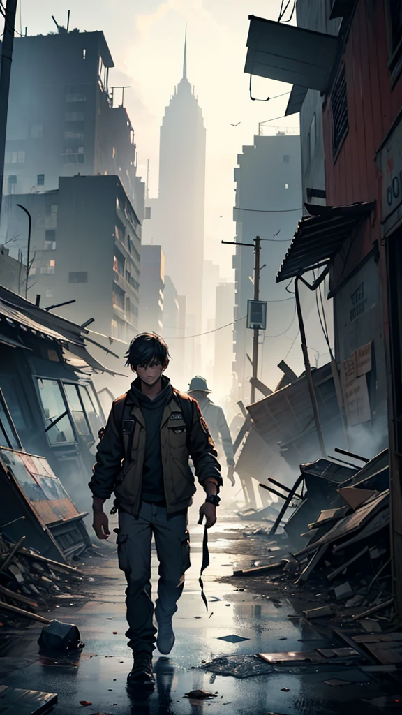 "In a highly detailed and realistic apocalyptic scene, A young man of 20 years, with an expression of astonishment and anguish, walks through a devastated park while holding a cat in his arms. The sky is full of falling cylindrical asteroids, and the environment reflects the chaos of a world in ruins. Around it, People have turned into brain-hungry zombies, highlighting their desperation and aggressiveness. The image must capture deep emotion and realism, highlighting the contrast between the young man's tranquility and the terror that surrounds him."
Please make the zombies appear behind the boy chasing him.