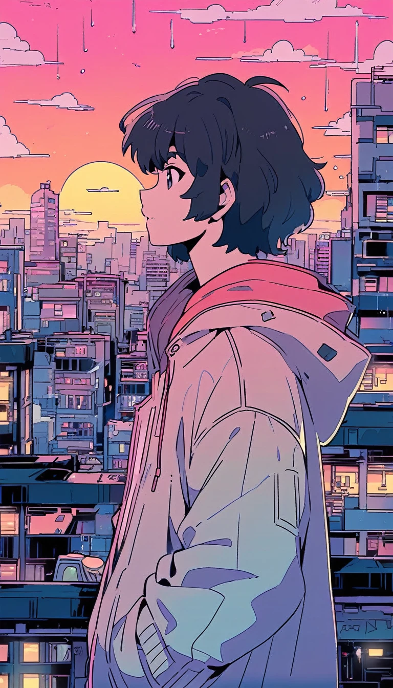 alone, lofi artstyle, lofi art, city, town, 80s anime style, Retro, Lo-Fi, 1boy, black hair, cloud, from side, hood, jacket, male focus, messy hair, outdoors, profile, rain, short hair, sky, solo, sunset, upper body