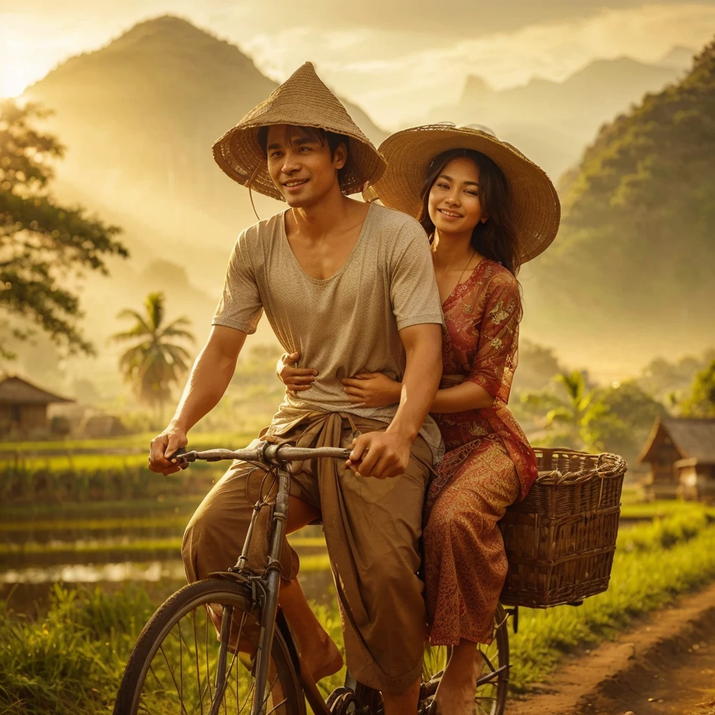 Charming and bright realistic photos that transport you to the serene Indonesian countryside. In the foreground, a husband and his young wife ride an old bicycle, the husband wearing a silver T-shirt, brown shorts, and a cone-shaped hat, and the wife wearing a worn red kebaya, dirty sarong, and a bright smile as she is carried on a ride. her husband behind. The backdrop features mountains and trees, with golden afternoon sunlight bathing the scene in a warm and inviting light. Cute brown ducks foraging in the rice fields add a touch of liveliness to the picturesque setting. Visible brushstrokes give the painting an authentic charm, encapsulating the essence of family ties and a peaceful rural setting., photography