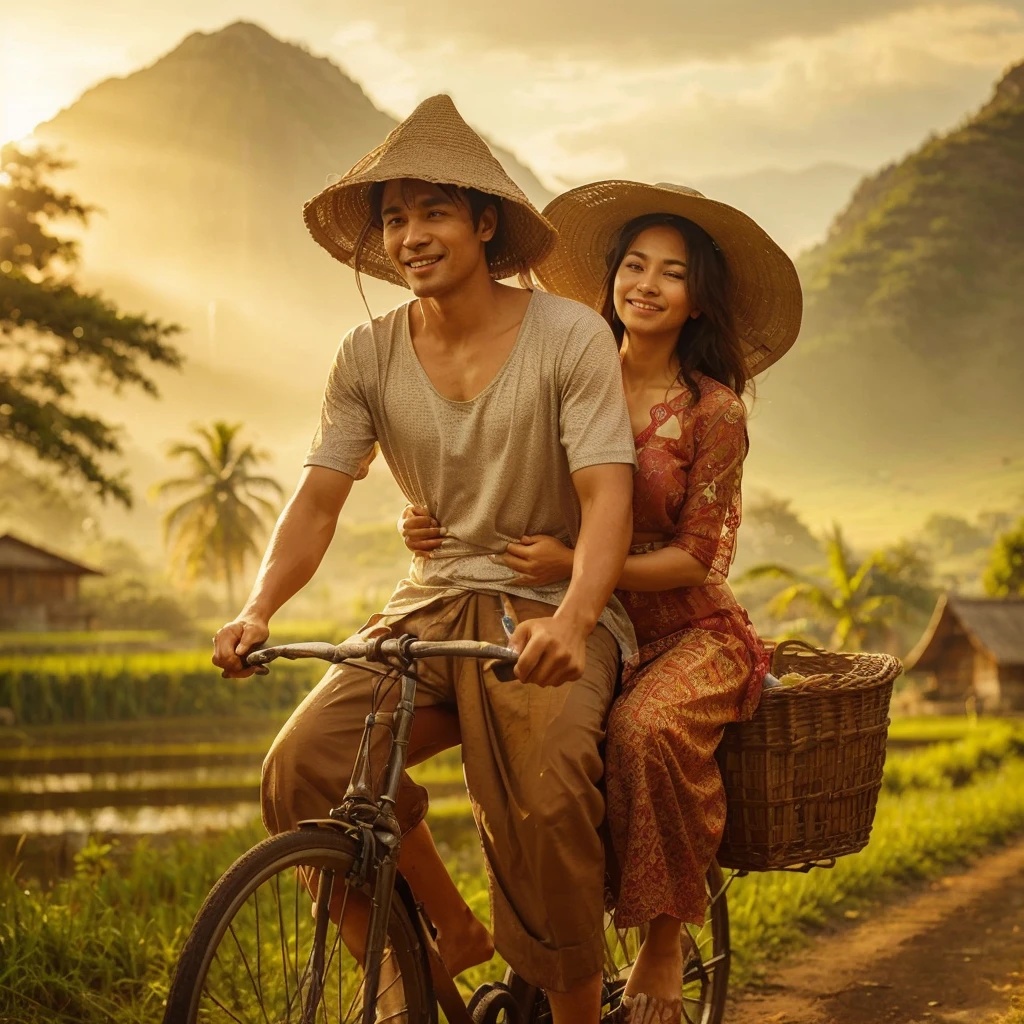 Charming and bright realistic photos that transport you to the serene Indonesian countryside. In the foreground, a husband and his young wife ride an old bicycle, the husband wearing a silver T-shirt, brown shorts, and a cone-shaped hat, and the wife wearing a worn red kebaya, dirty sarong, and a bright smile as she is carried on a ride. her husband behind. The backdrop features mountains and trees, with golden afternoon sunlight bathing the scene in a warm and inviting light. Cute brown ducks foraging in the rice fields add a touch of liveliness to the picturesque setting. Visible brushstrokes give the painting an authentic charm, encapsulating the essence of family ties and a peaceful rural setting., photography