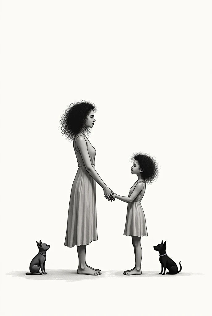 create a black and white tattoo minimalist style vector, where a  with curly hair appears holding hands with a little man with curly hair and next to him a little gray cat with a little black chihuahua, that has a spiritual context , that focuses on love and eternity