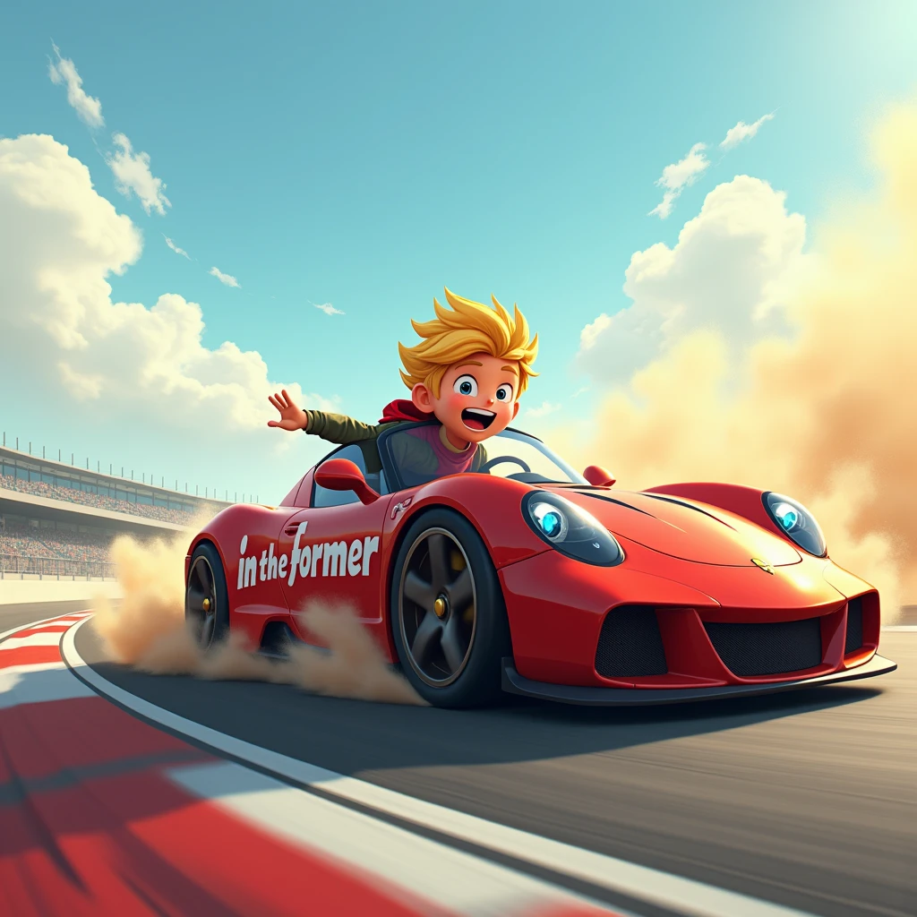 a blond boy, full of enthusiasm, He is riding in a sports car while performing a spectacular skid on a circuit. On the side of the car, highlights the name "IN THE FORMER", adding a personal touch to the scene. Speed and excitement combine in a moment of pure adrenaline, as the child masters the curve with confidence and skill.