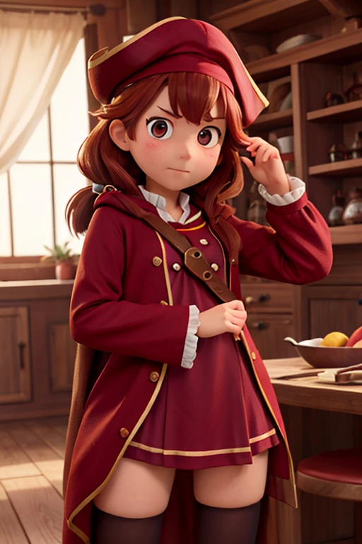 female、16age、Pirate Captain、Burgundy clothes、Reddish brown hair、Twin tails、Large cloak、Embarrassed expression、I can see your thighs、Uniform-like clothing、
