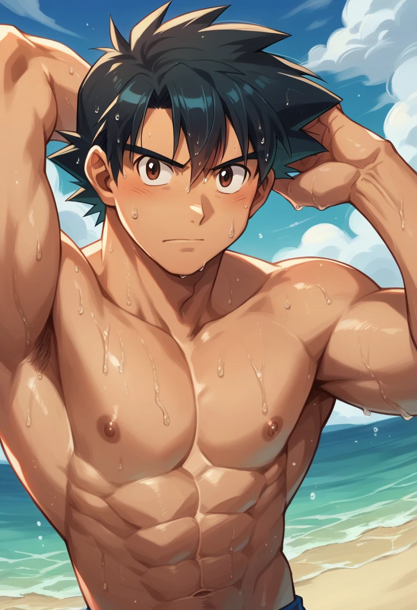 1boy, 1solo, ash ketchum, black hair, brown eyes, hair between eyes, ash ketchum, on beach, baseball cap, open hoodie jacket, short sleeves, shirtless, male swimwear, wet hair, wet skin, sweat skin, handsome boy, macho, good looking boy, striking a pose