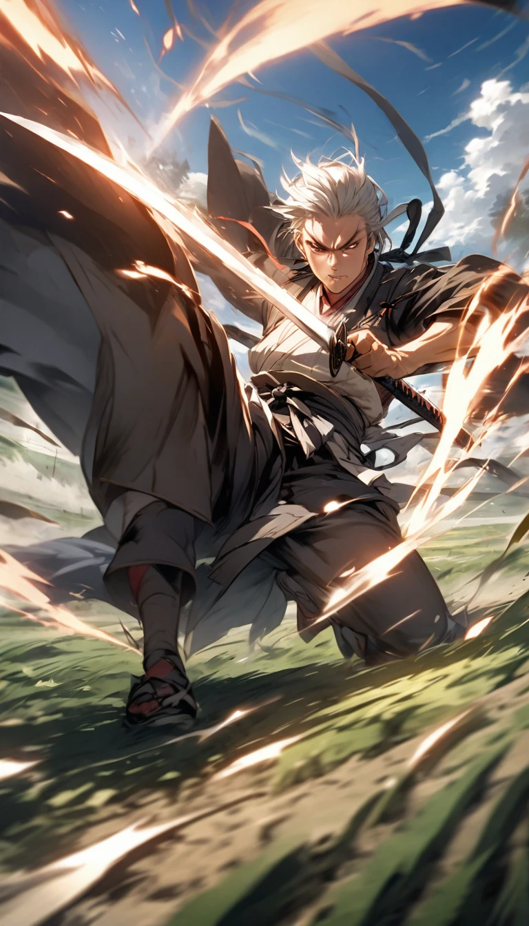 A samurai in mid-action, performing a swift katana strike in an open field. The sky is clear, and the scene is filled with a sense of focus and determination."