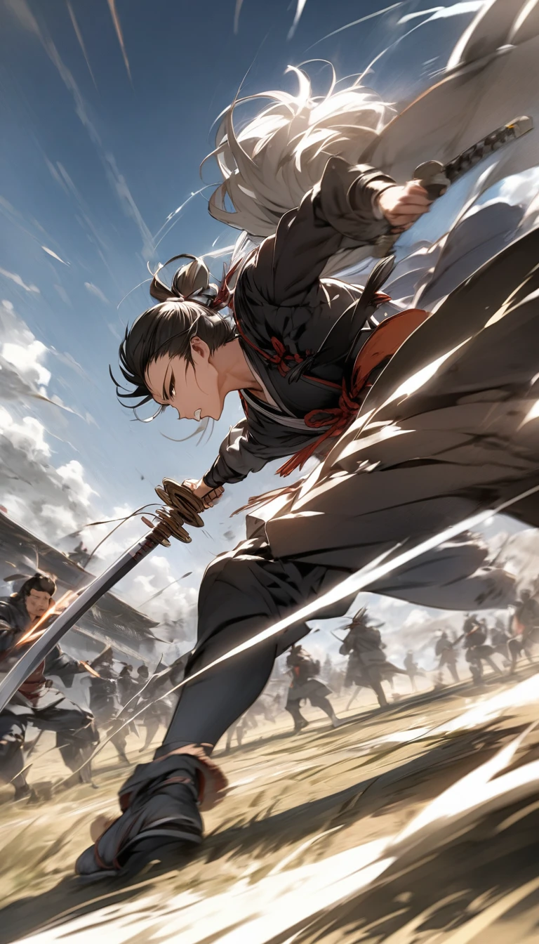 A samurai in mid-action, performing a swift katana strike in an open field. The sky is clear, and the scene is filled with a sense of focus and determination."
