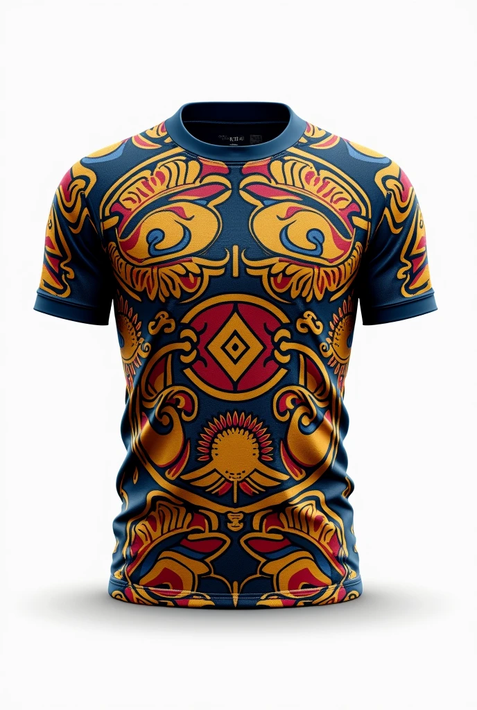 Create rugby jersey maori  tribe full  pattern yellow red blue  retro round neck collar white background