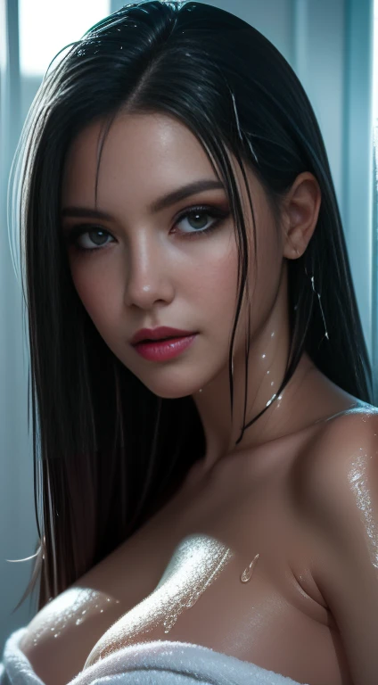 beautiful mature woman, wet long black hair color,pink lips, realistic, narrow waist, charming, colorful makeup, long eyelashes, fair skin, (cute), (detailed wet face), detailed eyes, detailed iris, (large breasts:1.2),wrapped in a white towel,sensual facial expression with a small smile,bathromm scene