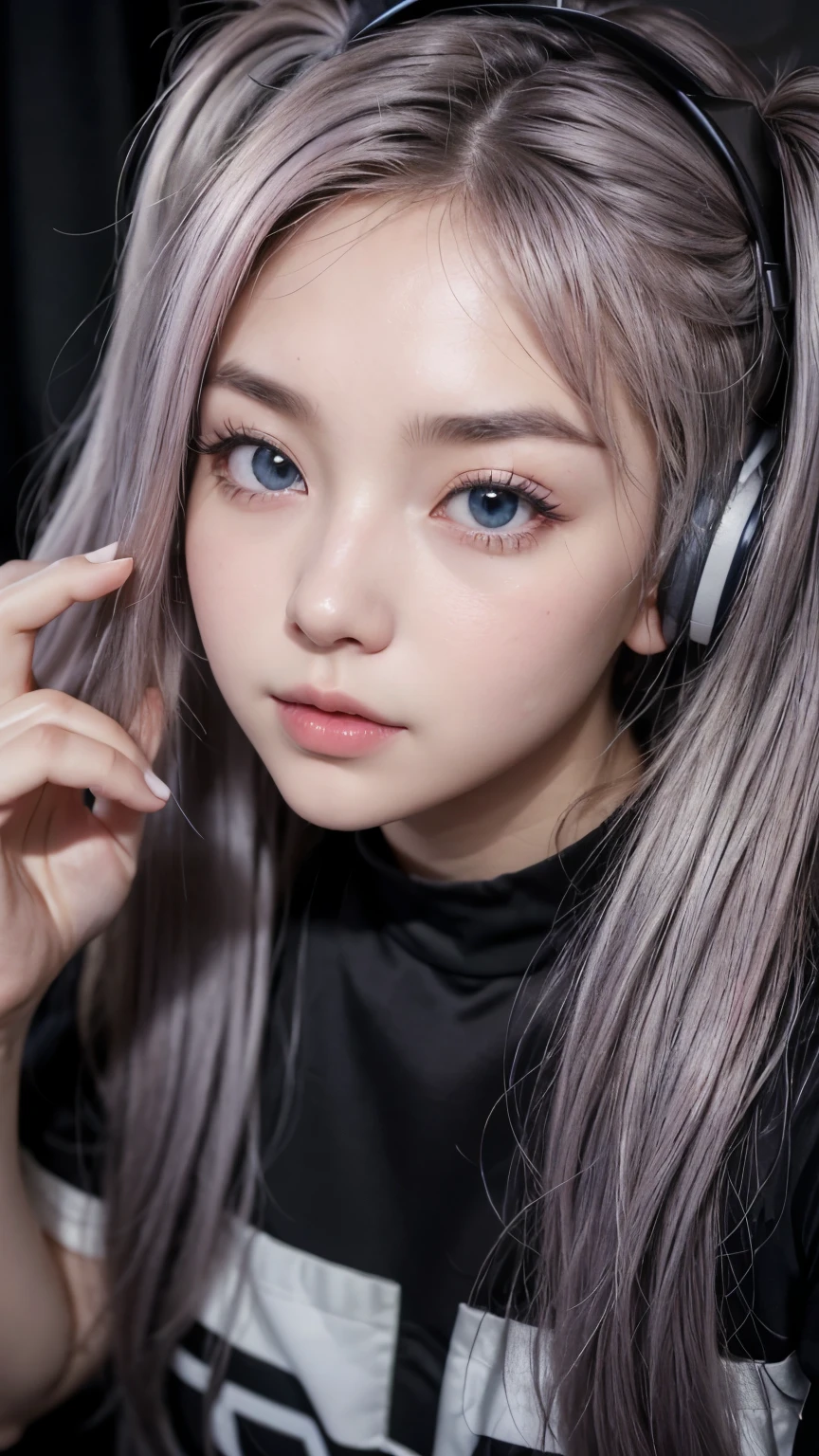 (A photo was posted on social media of a beautiful girl dressed as an idol, wearing headphones and singing into a microphone in a recording studio.。.) (そのbeautiful少女は , 18% Japanese, 26% French, And 56% Ukrainian descent, Height: 178cm, Small breasts but good style、beautiful, Well-proportioned body type.) (Her hair is pink-ash grey and very long., Tied in twin tails with black ribbons、Curled in a spiral towards the end.) (Her eyebrows are the same color as her hair, thin, Slightly thick and short, And her eyelashes are long.) (Her big blue eyes reflected the light、真珠のように驚くほどbeautiful。.) (Her nose is as high as an English person's, her lips are plump、It has a shape that makes you want to kiss it, Her skin is translucent white., and the balance between her head and face is in line with traditional Japanese aesthetics.) Not too many fingers, not too few, And they are very delicately expressed.. (single, masterpiece, Super detailed, Highest quality, Artwork, Ultra-precision, Realistic, Realistic, High resolution, Dynamic Lighting Effects, Golden Ratio, Surreal). Do your best to meet all of these criteria..