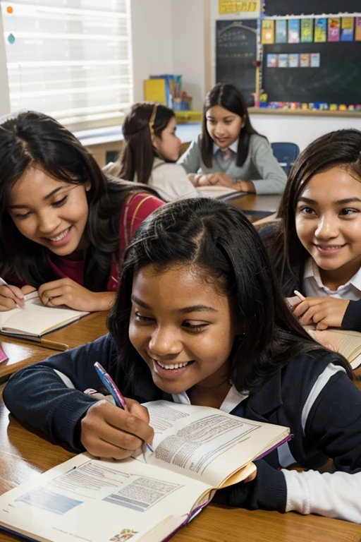 Create a marvel comic-style illustration of a group of schoolchildren studying together in a classroom. The scene should show a diverse group of children, including both boys and girls of various ethnicities, working collaboratively around a table. They should be smiling, laughing, and actively engaged in their study session. Include school supplies like notebooks, pencils, and textbooks on the table. The background should depict a cheerful and colorful classroom environment with posters, a blackboard or whiteboard, and shelves with educational materials. Capture the joyful and cooperative atmosphere of the group as they enjoy learning togethe