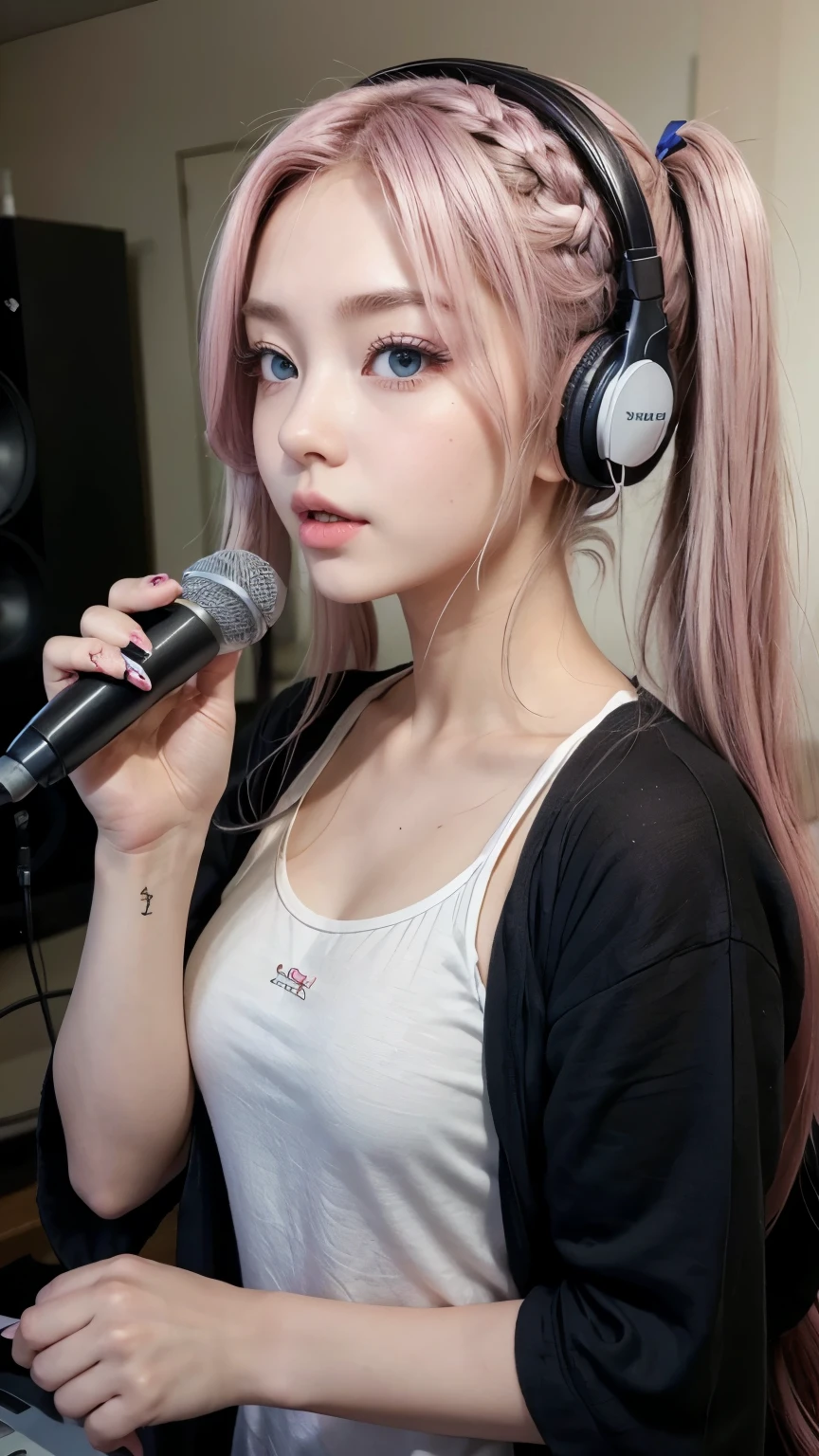 (A photo was posted on social media of a beautiful girl dressed as an idol, wearing headphones and singing into a microphone in a recording studio.。.) (そのbeautiful少女は , 18% Japanese, 26% French, And 56% Ukrainian descent, Height: 178cm, Small breasts but good style、beautiful, Well-proportioned body type.) (Her hair is pink-ash grey and very long., Tied in twin tails with black ribbons、Curled in a spiral towards the end.) (Her eyebrows are the same color as her hair, thin, Slightly thick and short, And her eyelashes are long.) (Her big blue eyes reflected the light、真珠のように驚くほどbeautiful。.) (Her nose is as high as an English person&#39;s, her lips are plump、It has a shape that makes you want to kiss it, Her skin is translucent white., and the balance between her head and face is in line with traditional Japanese aesthetics.) Not too many fingers, not too few, And they are very delicately expressed.. (single, masterpiece, Super detailed, Highest quality, Artwork, Ultra-precision, Realistic, Realistic, High resolution, Dynamic Lighting Effects, Golden Ratio, Surreal). Do your best to meet all of these criteria..