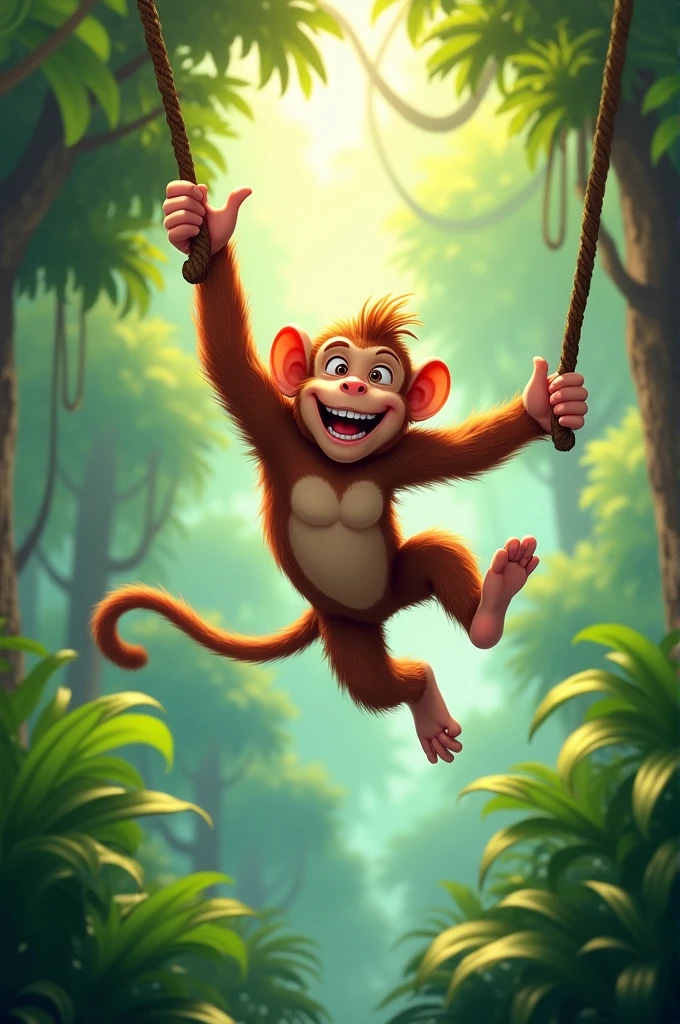 Add the monkey in mid-swing, either on a branch or leaping through the air. Show its playful expression and energetic pose, making sure it adds a dynamic element to the scene.
