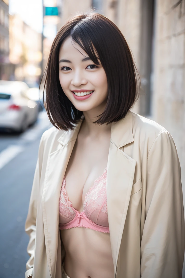(Realistic、photo Realistic:1.3)、1 person、23 years old、(Bob Hair, Shortcuts, Brown Hair), (Change of clothes: 1.2), panties, City of night、 (Browsing Caution:1.3), Beautiful Skin, blush, Grinning face、Very detailed、super high quality,Jacket and bra