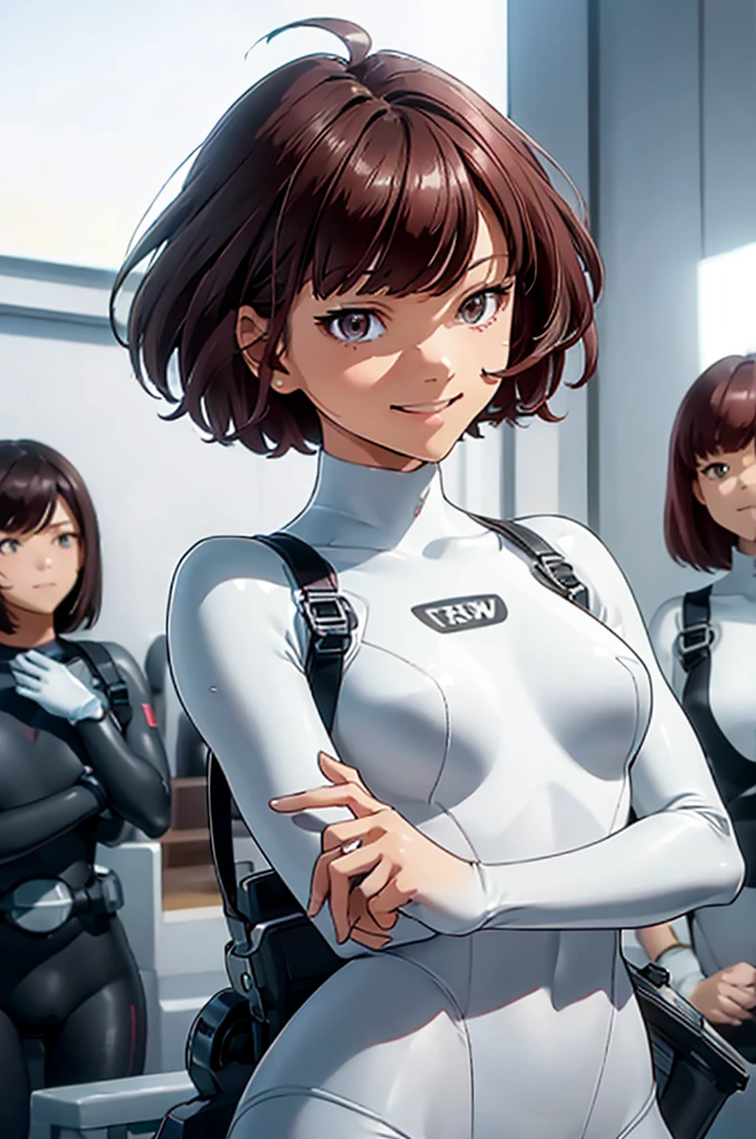 (RAW photo:1.2), (realistic:1.4),(masterpiece:1.3),(highest quality:1.4),ultra high resolution,(fine eyes),(detailed facial features),(Detailed clothing characteristics),HDR,8K resolution, focus only, bangs, Perfect for your skin, (shiny skin),(slender girl),dream-like,
(extreme detailed diagram),check comments,comment request,scenery,no text,
15 year old girl, smile, small breasts, bob hair, short hair, black hair, brown eyes,
1 girl, Upper body,
White diving suit, All white happy,smile,