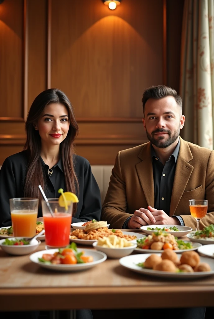 (photorealism:1.2), In a restaurant, two individuals, a woman and a man are seen sitting at a dining table looking at the camera in a restaurant, this restaurant has beautiful wooden walls. The dining table is full of food and juice drinks.