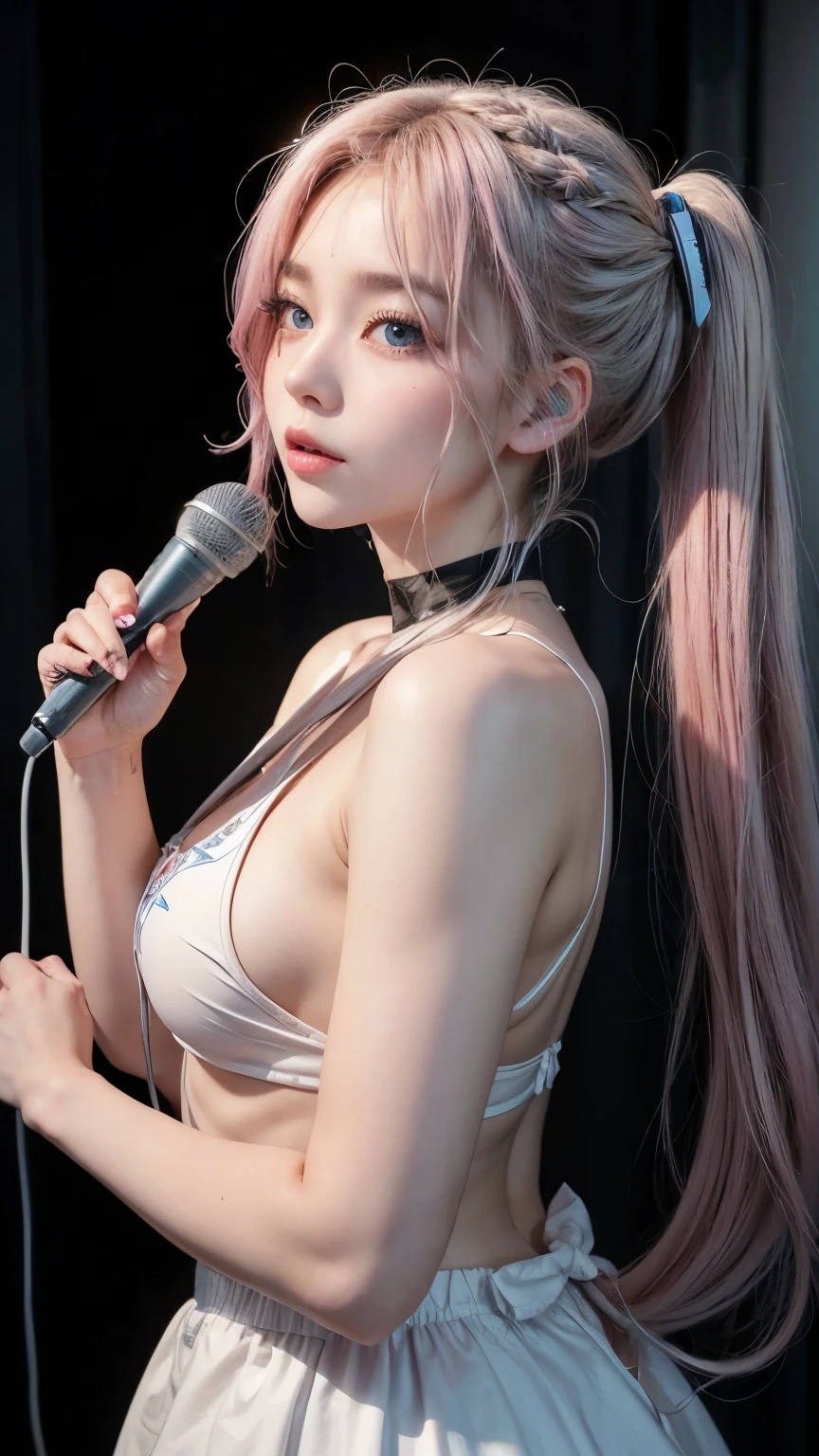(A photo was posted on social media of a beautiful girl dressed as an idol, wearing headphones and singing into a microphone in a recording studio.。.) (そのbeautiful少女は , 18% Japanese, 26% French, And 56% Ukrainian descent, Height: 178cm, Small breasts but good style、beautiful, Well-proportioned body type.) (Her hair is pink-ash grey and very long., Tied in twin tails with black ribbons、Curled in a spiral towards the end.) (Her eyebrows are the same color as her hair, thin, Slightly thick and short, And her eyelashes are long.) (Her big blue eyes reflected the light、真珠のように驚くほどbeautiful。.) (Her nose is as high as an English person&#39;s, her lips are plump、It has a shape that makes you want to kiss it, Her skin is translucent white., and the balance between her head and face is in line with traditional Japanese aesthetics.) Not too many fingers, not too few, And they are very delicately expressed.. (single, masterpiece, Super detailed, Highest quality, Artwork, Ultra-precision, Realistic, Realistic, High resolution, Dynamic Lighting Effects, Golden Ratio, Surreal). Do your best to meet all of these criteria..