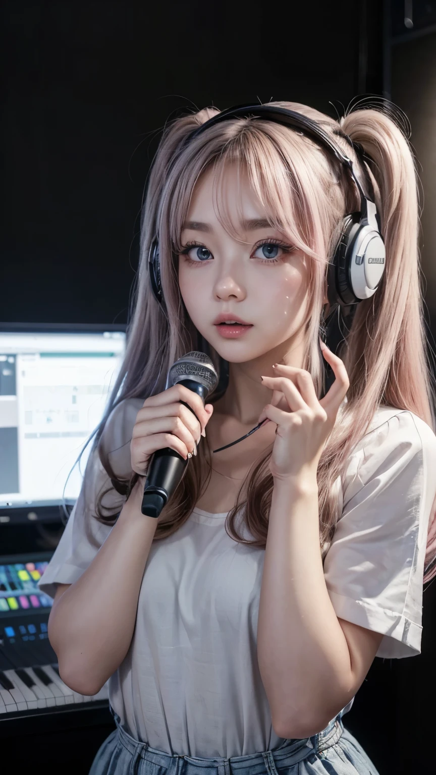 (A photo was posted on social media of a beautiful girl dressed as an idol, wearing headphones and singing into a microphone in a recording studio.。.) (そのbeautiful少女は , 18% Japanese, 26% French, And 56% Ukrainian descent, Height: 178cm, Small breasts but good style、beautiful, Well-proportioned body type.) (Her hair is pink-ash grey and very long., Tied in twin tails with black ribbons、Curled in a spiral towards the end.) (Her eyebrows are the same color as her hair, thin, Slightly thick and short, And her eyelashes are long.) (Her big blue eyes reflected the light、真珠のように驚くほどbeautiful。.) (Her nose is as high as an English person's, her lips are plump、It has a shape that makes you want to kiss it, Her skin is translucent white., and the balance between her head and face is in line with traditional Japanese aesthetics.) Not too many fingers, not too few, And they are very delicately expressed.. (single, masterpiece, Super detailed, Highest quality, Artwork, Ultra-precision, Realistic, Realistic, High resolution, Dynamic Lighting Effects, Golden Ratio, Surreal). Do your best to meet all of these criteria..