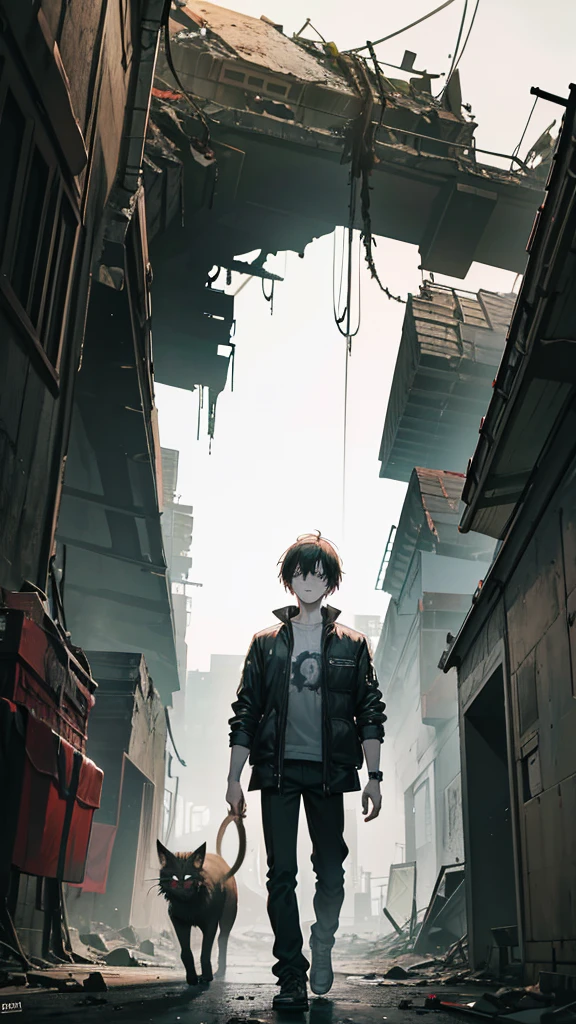 "In a highly detailed and realistic apocalyptic scene, A young man of 20 years, with an expression of astonishment and anguish, walks through a devastated park while holding a cat in his arms. The sky is full of falling cylindrical asteroids, and the environment reflects the chaos of a world in ruins. Around it, People have turned into brain-hungry zombies, highlighting their desperation and aggressiveness. The image must capture deep emotion and realism, highlighting the contrast between the young man's tranquility and the terror that surrounds him."
Please make the zombies appear behind the boy chasing him.