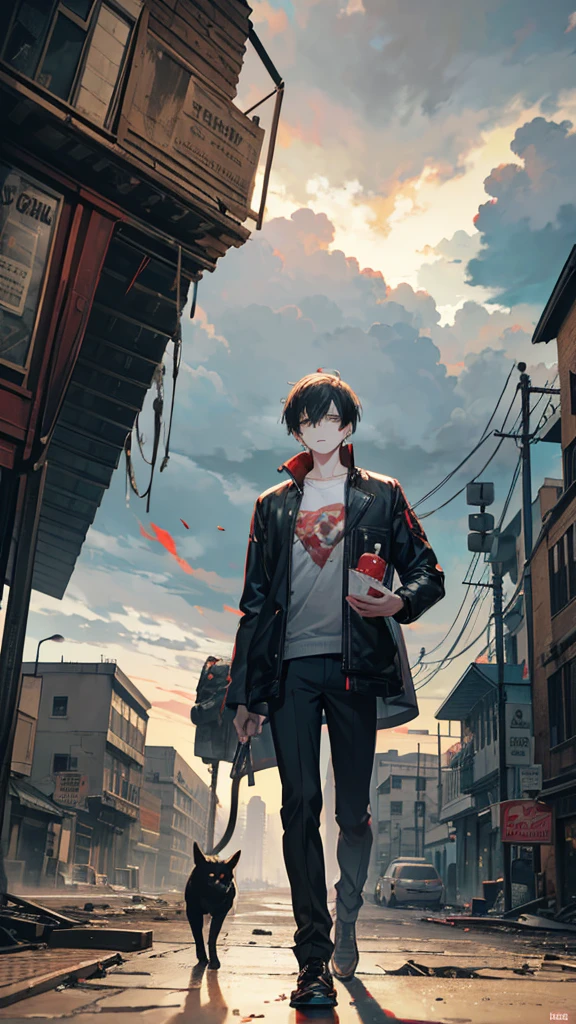 "In a highly detailed and realistic apocalyptic scene, A young man of 20 years, with an expression of astonishment and anguish, walks through a devastated park while holding a cat in his arms. The sky is full of falling cylindrical asteroids, and the environment reflects the chaos of a world in ruins. Around it, People have turned into brain-hungry zombies, highlighting their desperation and aggressiveness. The image must capture deep emotion and realism, highlighting the contrast between the young man's tranquility and the terror that surrounds him."
Please make the zombies appear behind the boy chasing him.